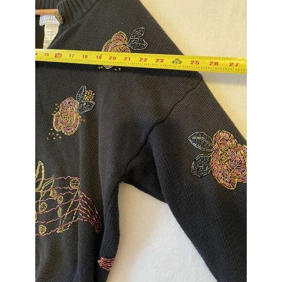 LIZI RUCH Musical Notes Violin Button Up Cardigan Sweater Womens M Black Vtg - Picture 9 of 16